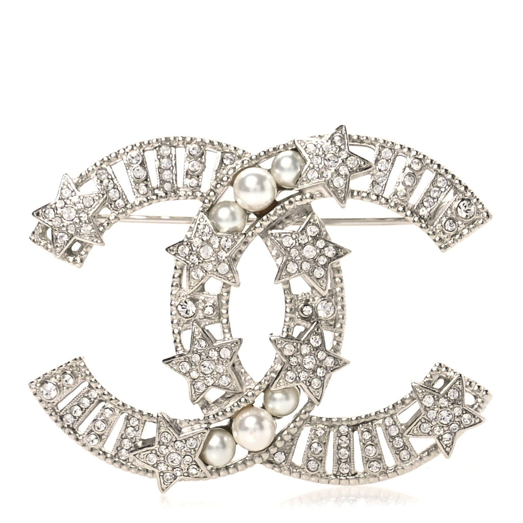 Crystal Pearl CC Star Coco Flapper Brooch Silver