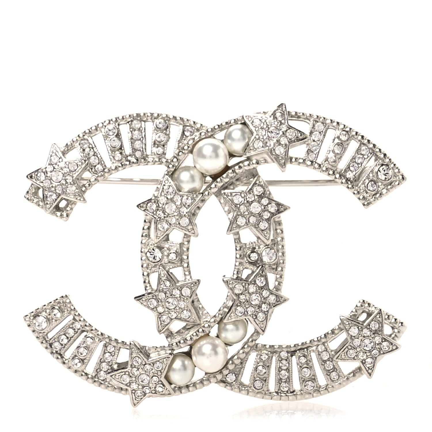 Crystal Pearl CC Star Coco Flapper Brooch Silver