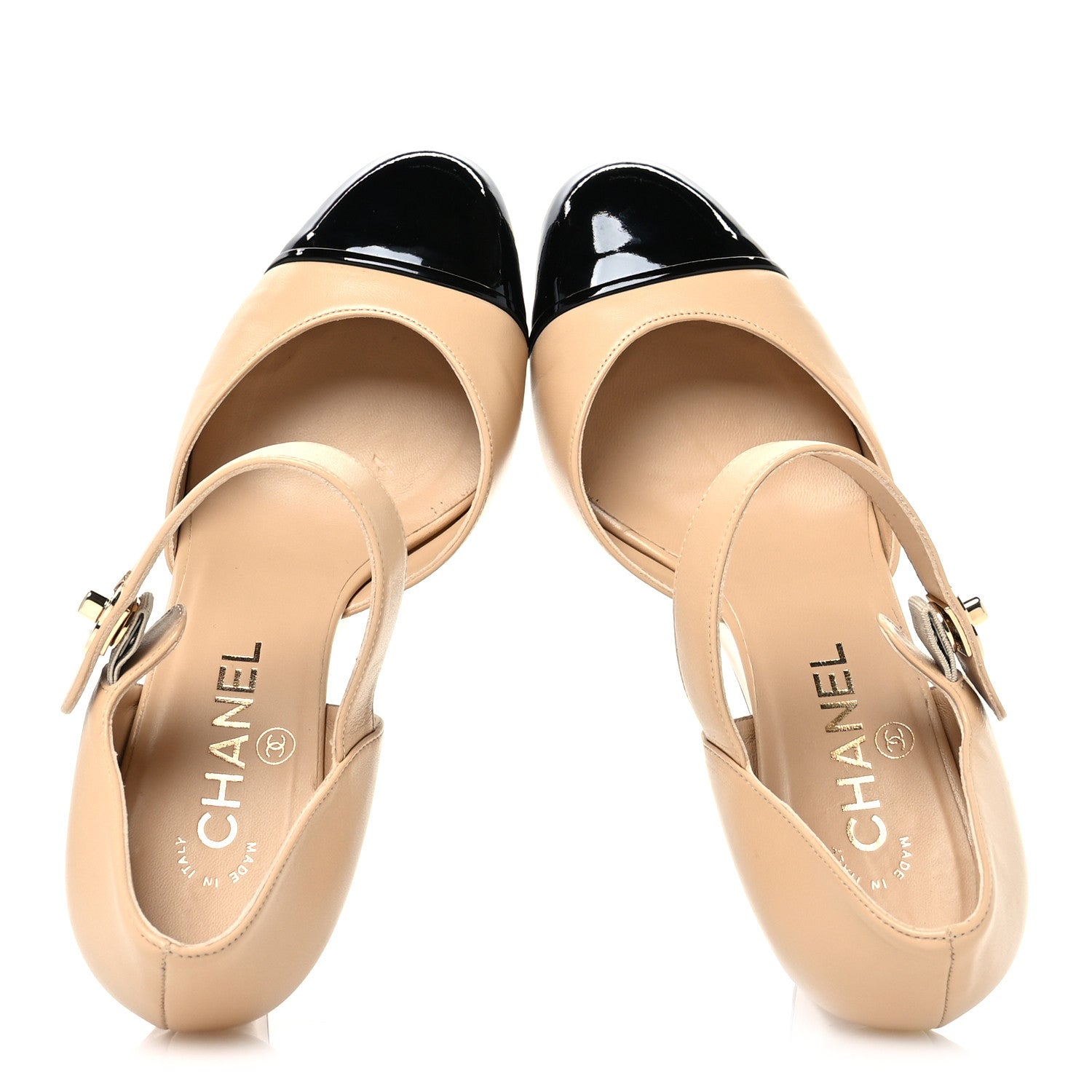 Lambskin Patent Cap Toe Mary Jane Wedge Pumps 38.5 Beige Black
