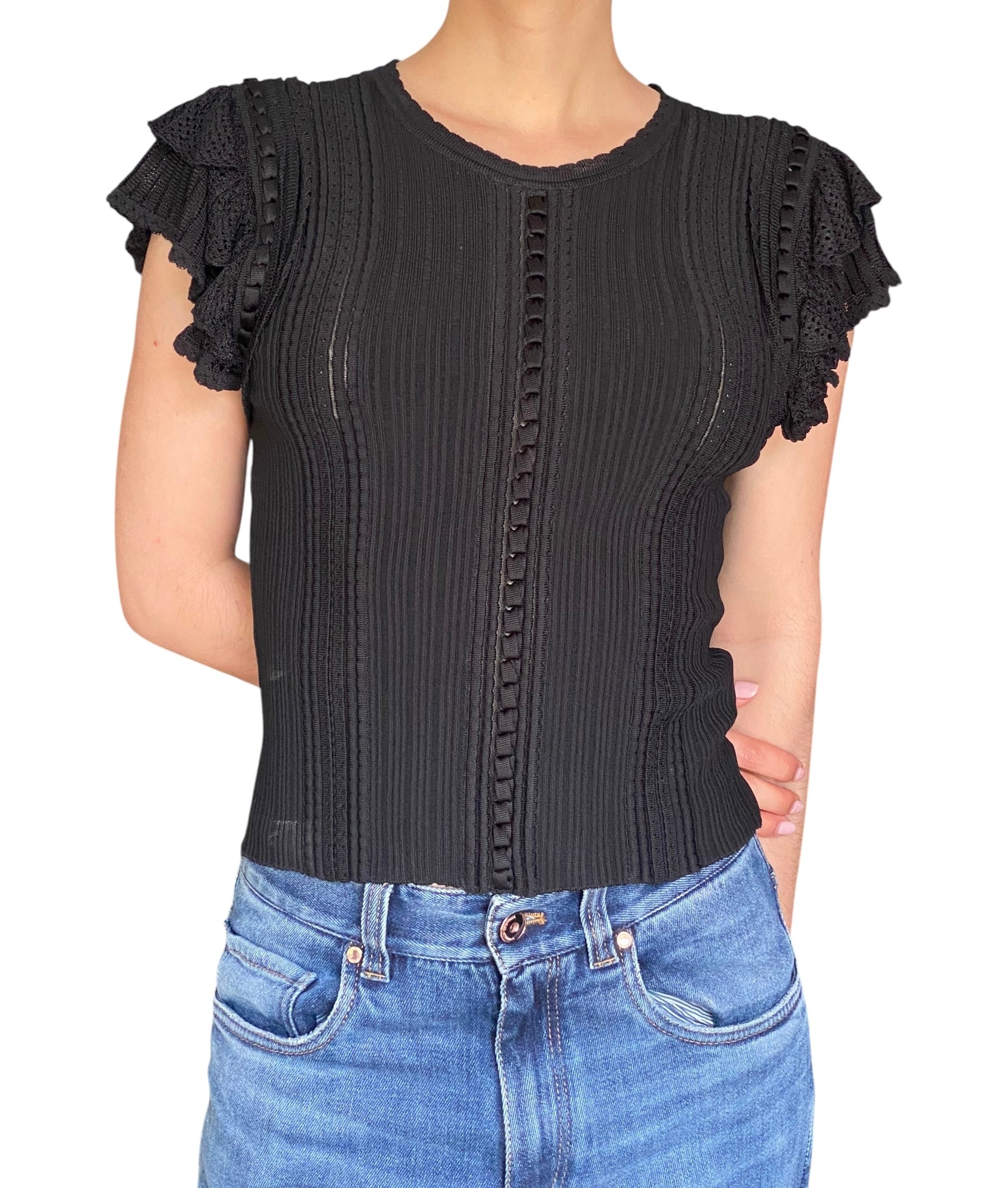 Ulla Johnson Black Knit Ribbed Ruffle Top - S