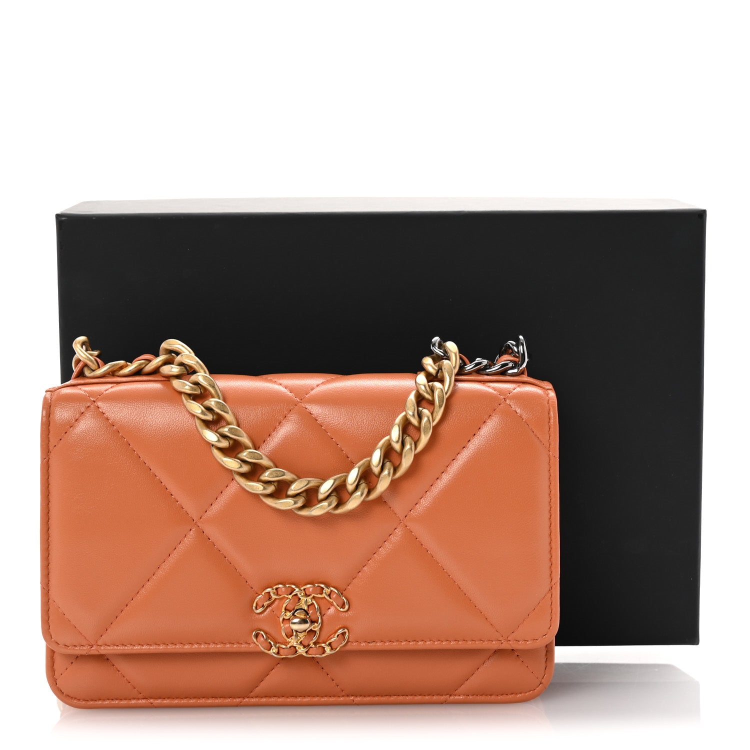 Lambskin Quilted Chanel 19 Wallet On Chain WOC Orange