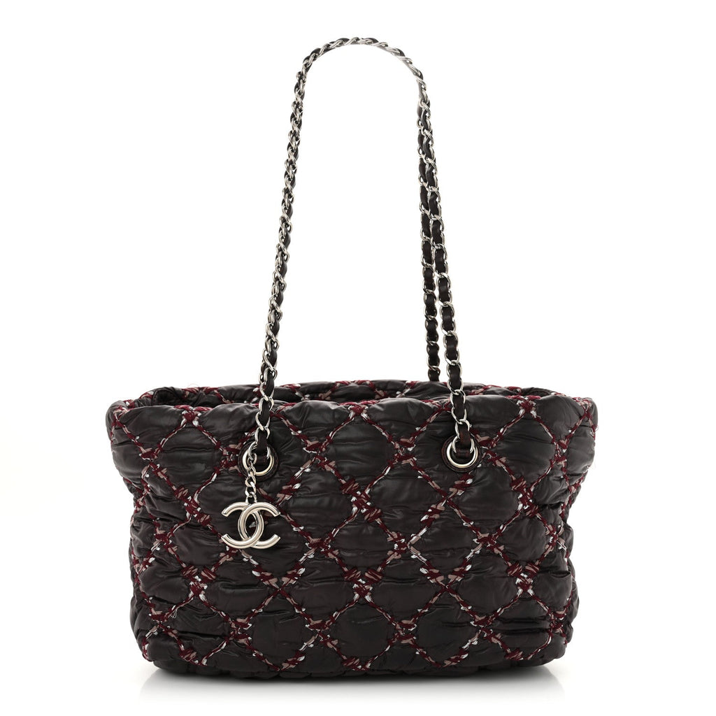 Nylon Quilted Tweed Stitch Bubble Tote Plum