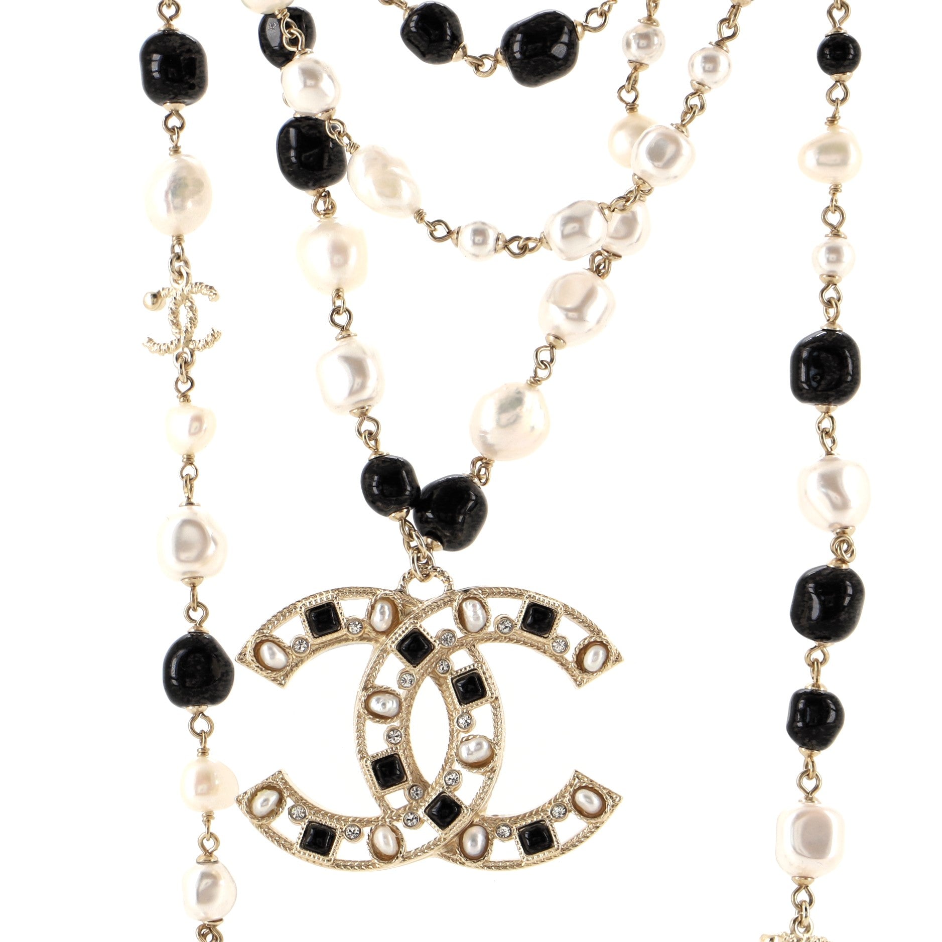 Multi Strand CC Necklace Crystal Embellished Metal with Faux Pearls and Beads