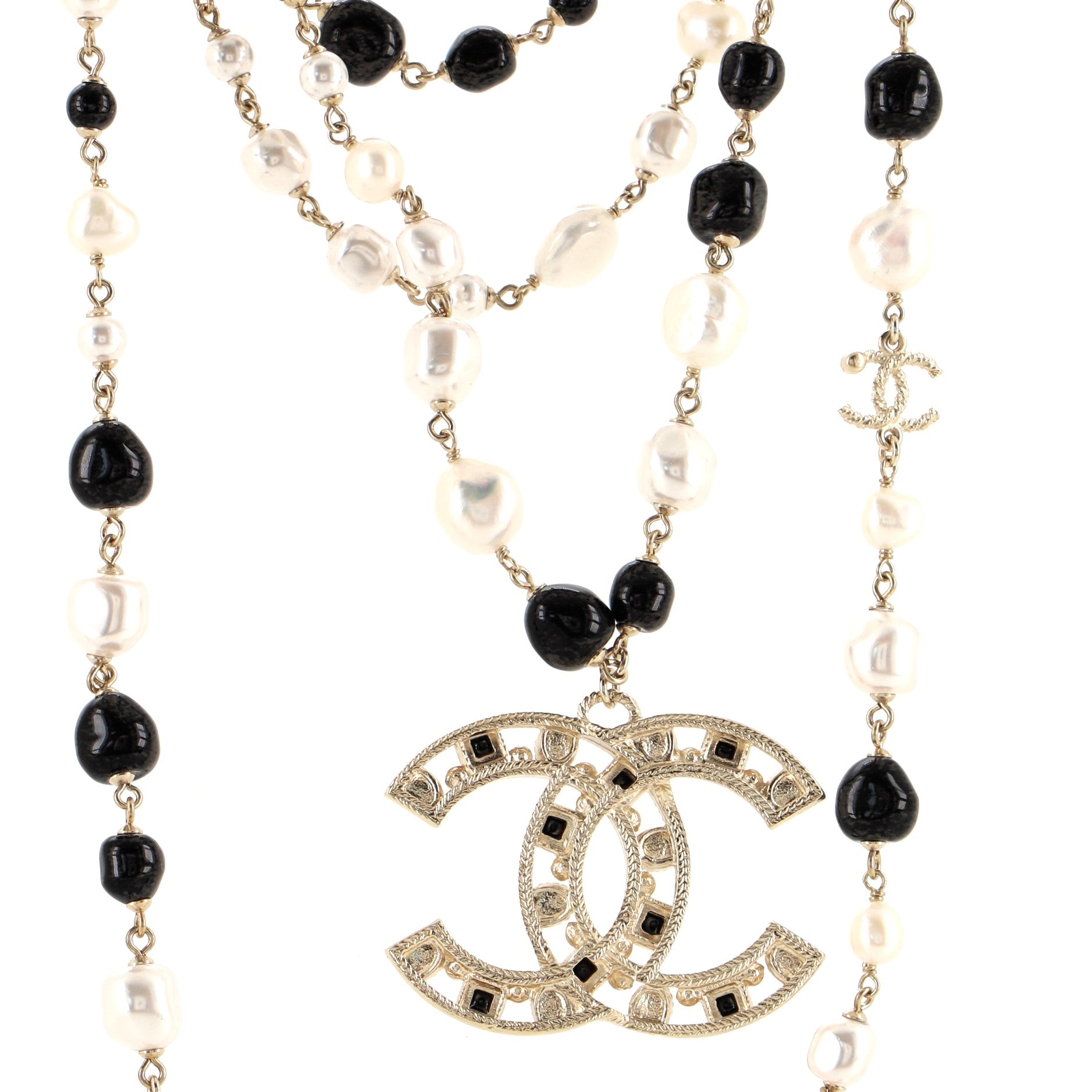 Multi Strand CC Necklace Crystal Embellished Metal with Faux Pearls and Beads
