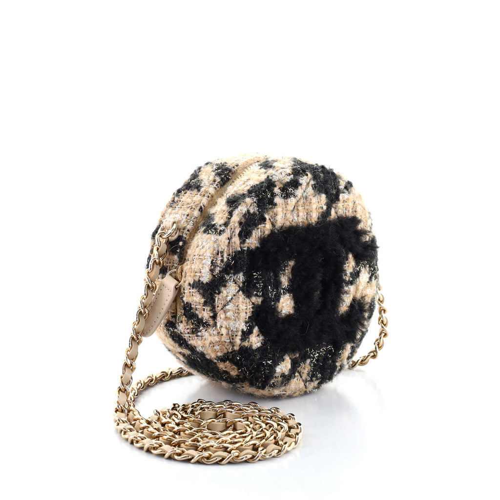 Round Clutch with Chain and Coin Purse Quilted Tweed with Shearling