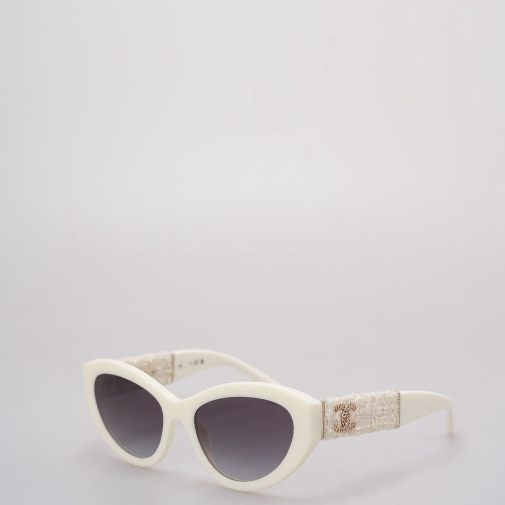 Chanel Acetate Tweed Wool CC Chain Sunglasses 5513-A White
