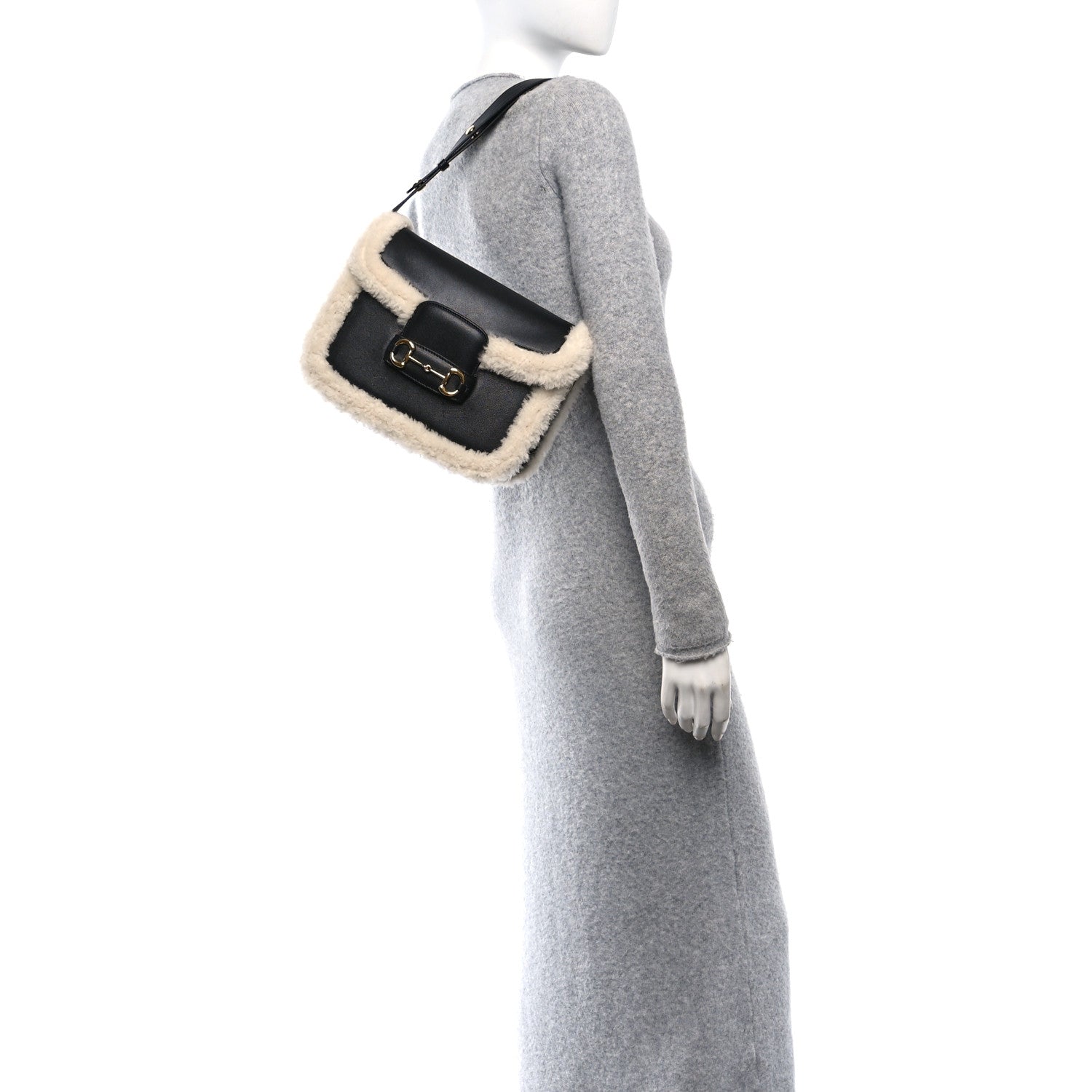 Sakai Be Green Calfskin Shearling Horsebit 1955 Shoulder Bag Black