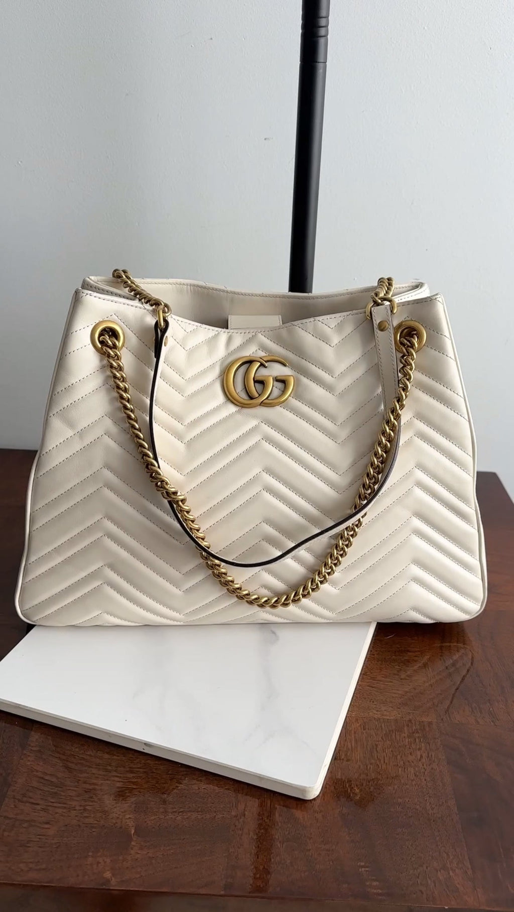 Gucci Marmont Ivory Chevron Leather Large Chain Tote Bag