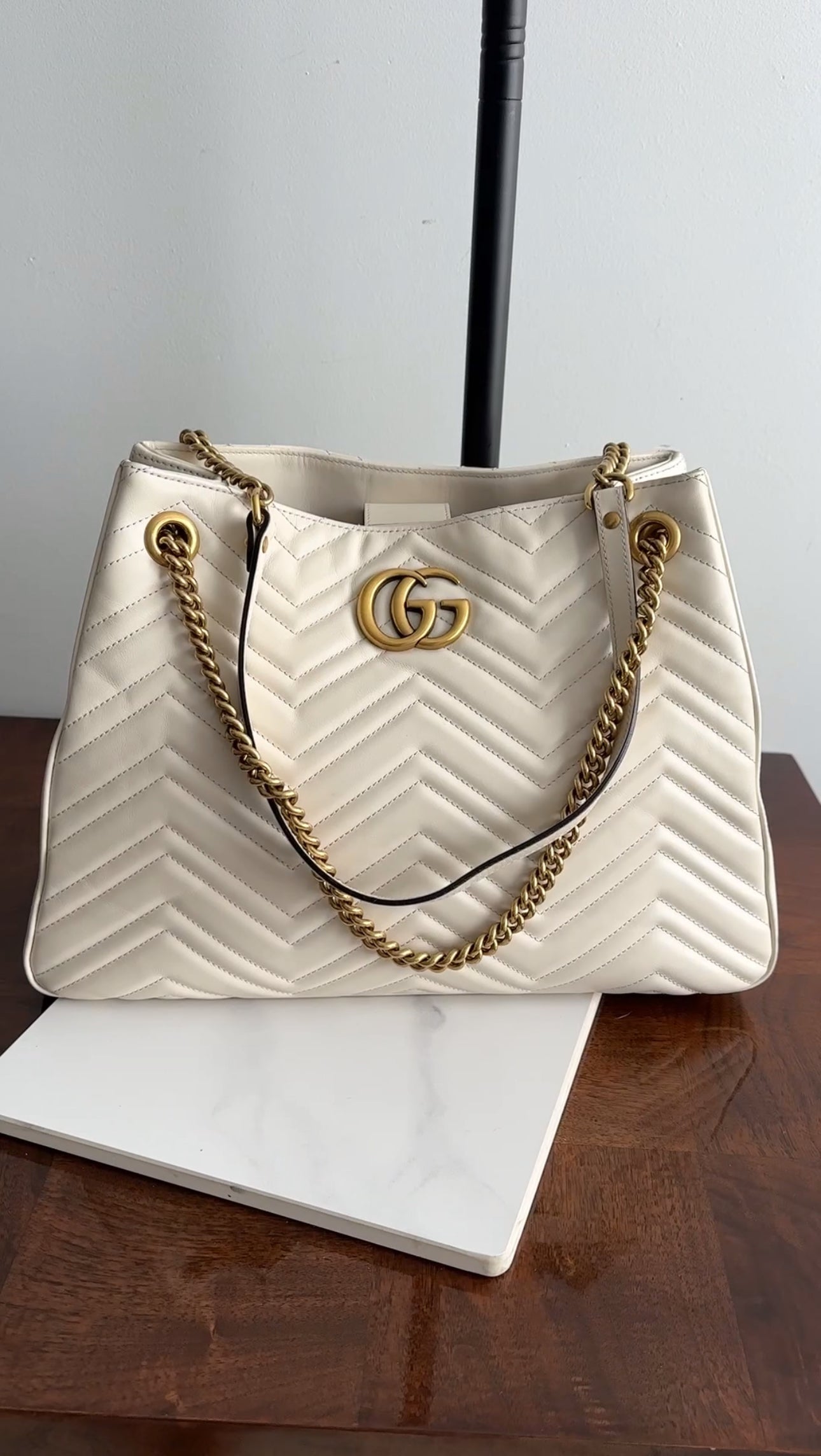 Gucci Marmont Ivory Chevron Leather Large Chain Tote Bag