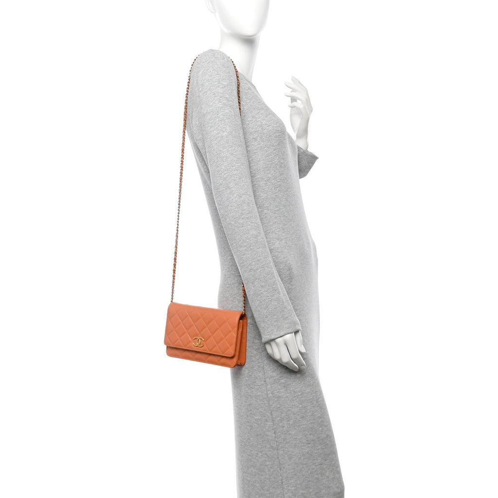 Lambskin Quilted Studded CC Wallet On Chain WOC Orange