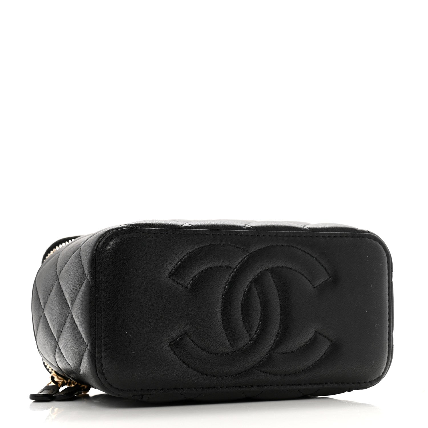 Lambskin Quilted Metal Small Top Handle Vanity Case With Chain Black