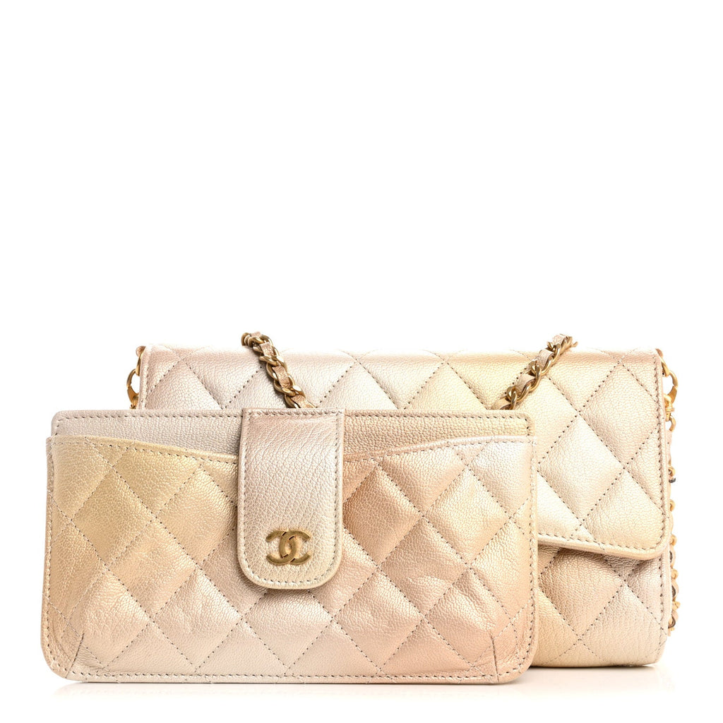 Metallic Goatskin Quilted Phone Holder Wallet on Removable Chain  Gold