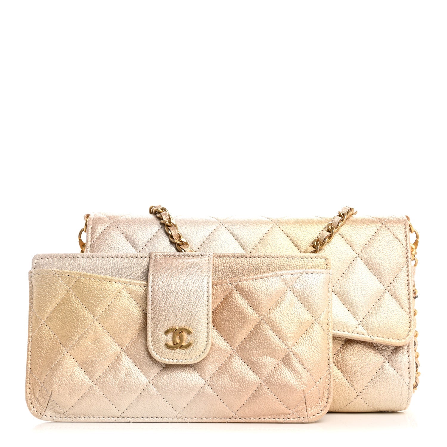 Metallic Goatskin Quilted Phone Holder Wallet on Removable Chain  Gold