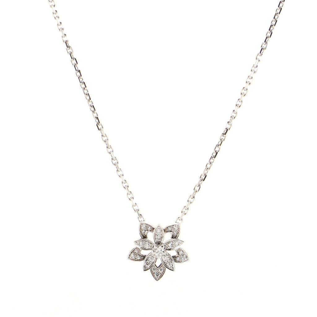Lotus Clip Pendant Necklace 18K White Gold with Pave Diamonds Mini