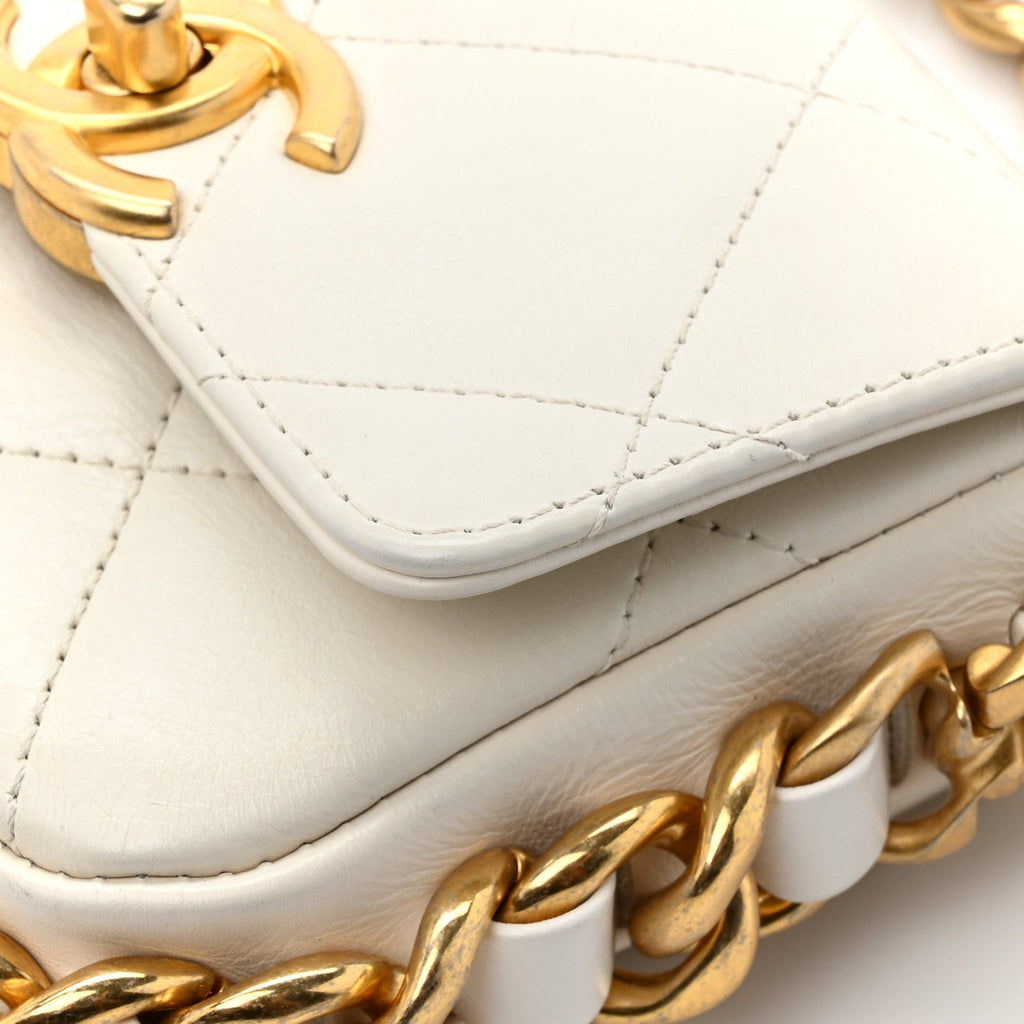 Calfskin Quilted Mini Framing Chain Bag White