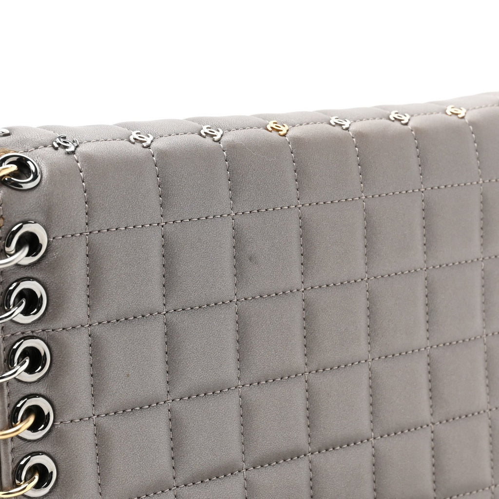 Lambskin Chocolate Bar Piercing CC Studded Small Chain Flap Bag Grey