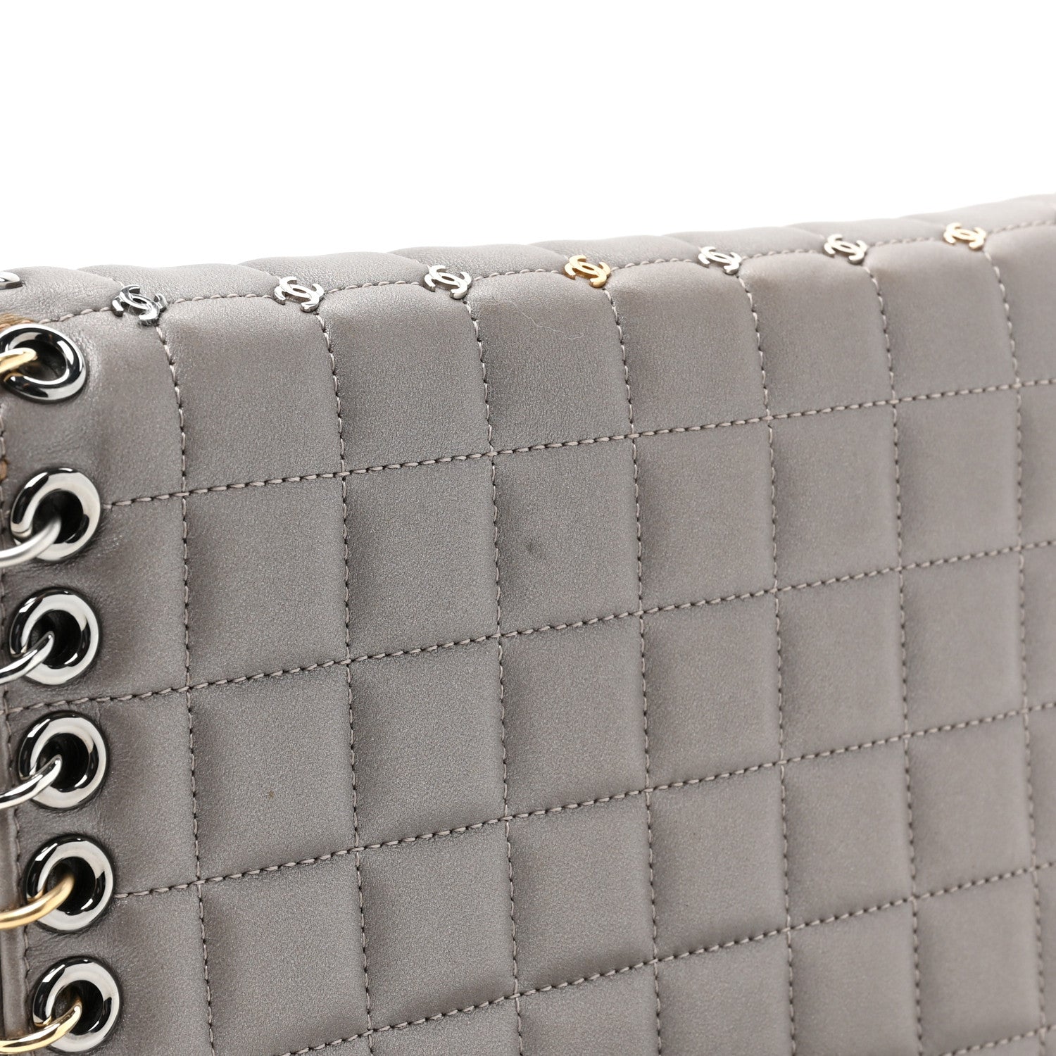 Lambskin Chocolate Bar Piercing CC Studded Small Chain Flap Bag Grey
