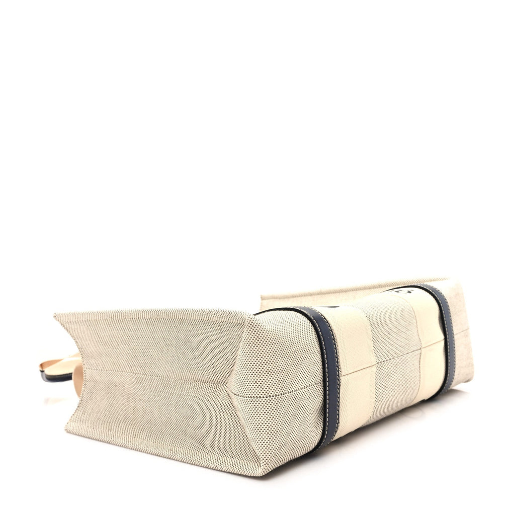Linen Calfskin Medium Woody Ribbon Tote White Blue