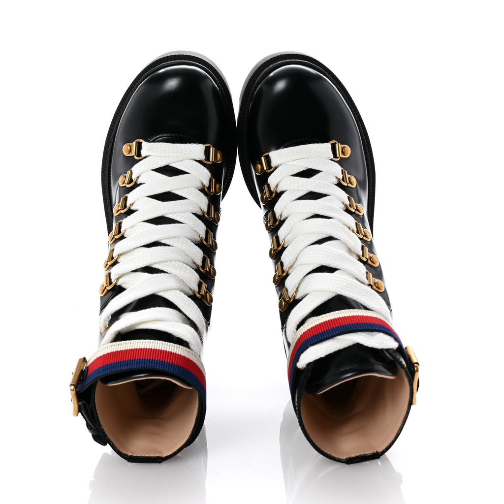 Calfskin Sylvie Web Lace Up Combat Boots 35 Black