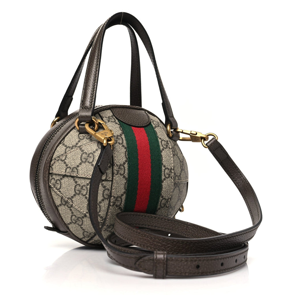 GG Supreme Monogram Textured Dollar Calfskin Web Mini Ophidia Basketball Shaped Shoulder Bag Beige Ebony New Acero