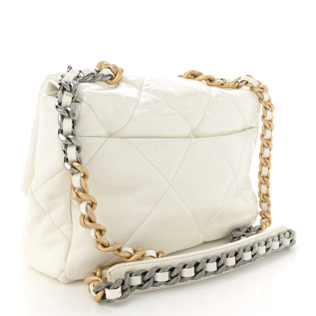 Shiny Crumpled Calfskin Quilted Medium Chanel 19 Flap White