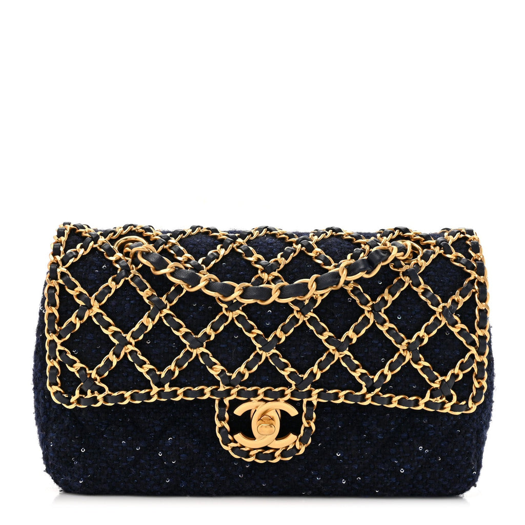 Tweed Sequin Timeless Classic Chained Double Flap Navy Blue