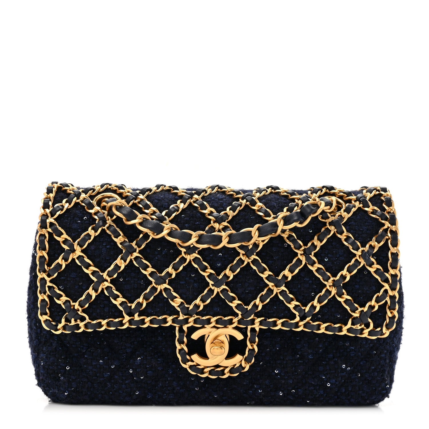 Tweed Sequin Timeless Classic Chained Double Flap Navy Blue
