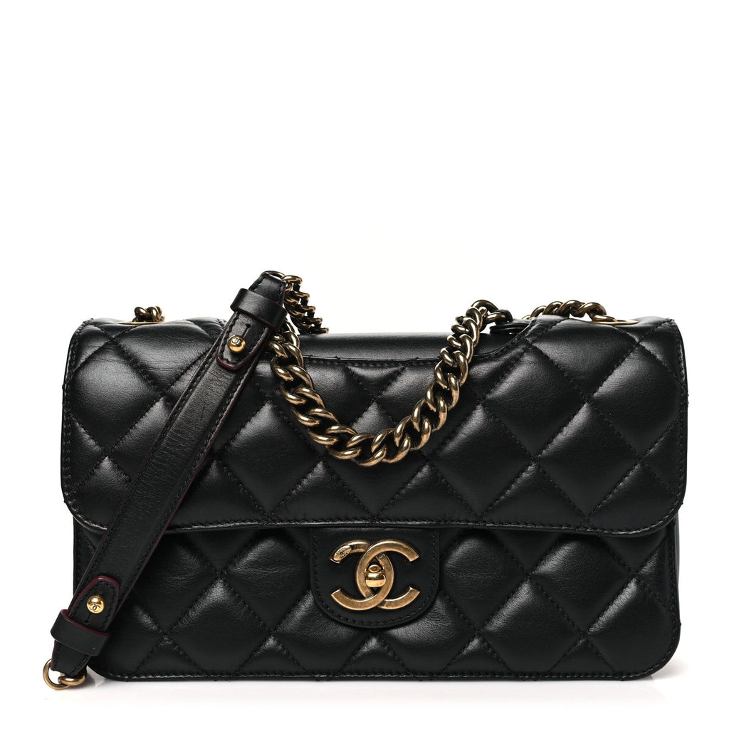 Glazed Calfskin Quilted Medium Perfect Edge Flap Black