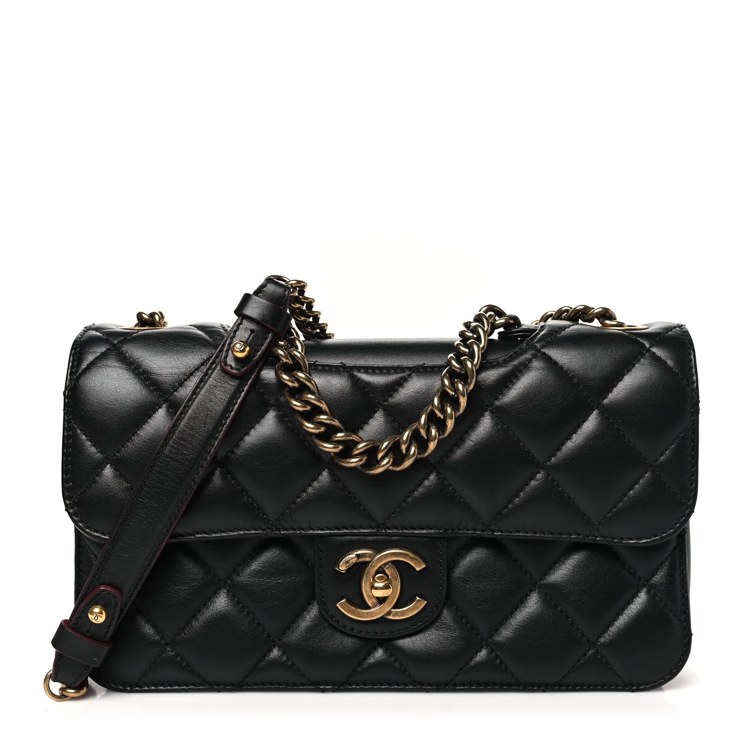 Glazed Calfskin Quilted Medium Perfect Edge Flap Black