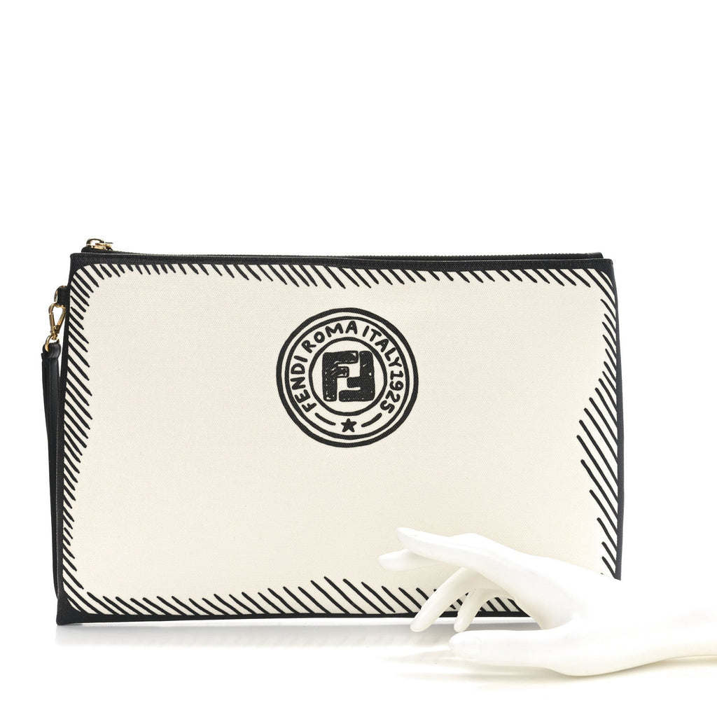 X JOSHUA VIDES Coated Canvas Stamp Patch Large Flat Pouch White Black