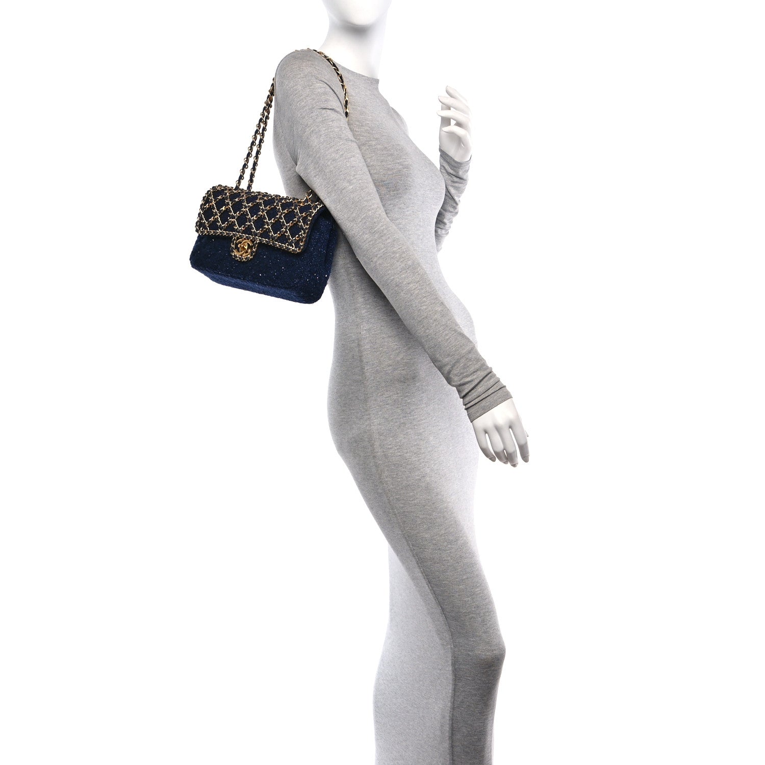 Tweed Sequin Timeless Classic Chained Double Flap Navy Blue