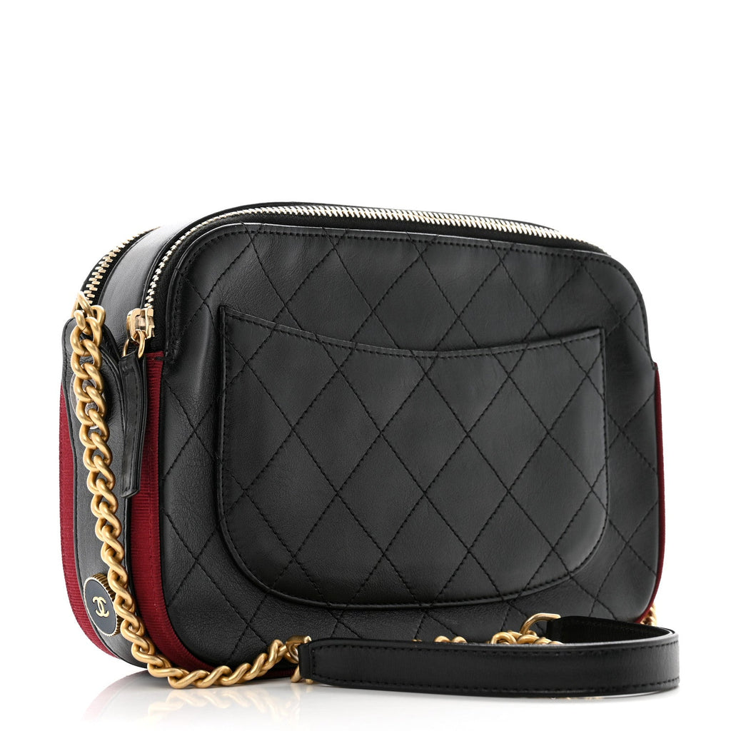 Calfskin Grosgrain Stitched Button Up Camera Case Black