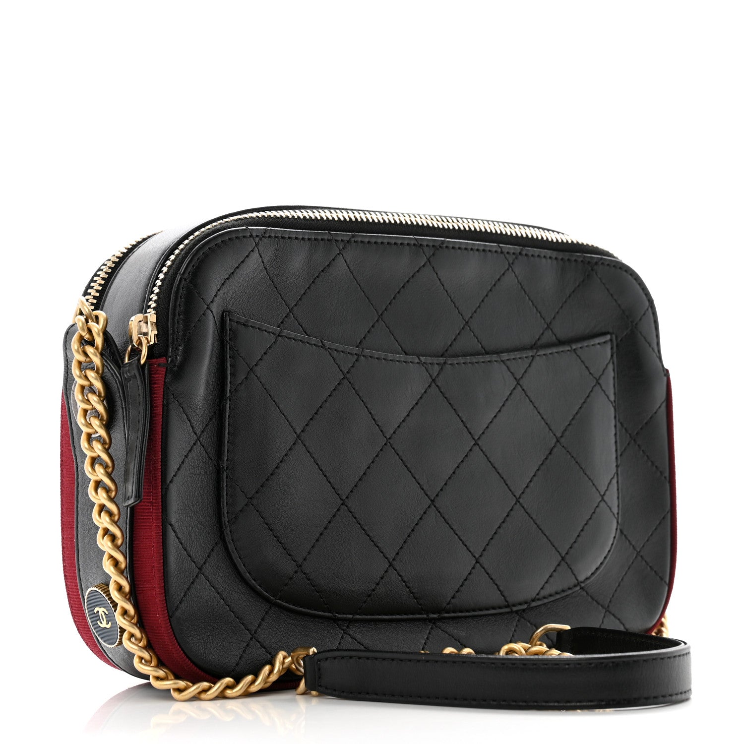 Calfskin Grosgrain Stitched Button Up Camera Case Black