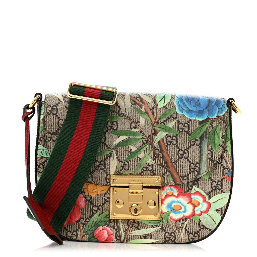 GG Supreme Monogram Tian Web Medium Padlock Messenger Shoulder Bag Beige Multicolor New Acero