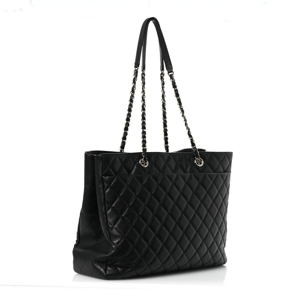 Calfskin Quilted Large CC Shopping Tote Black