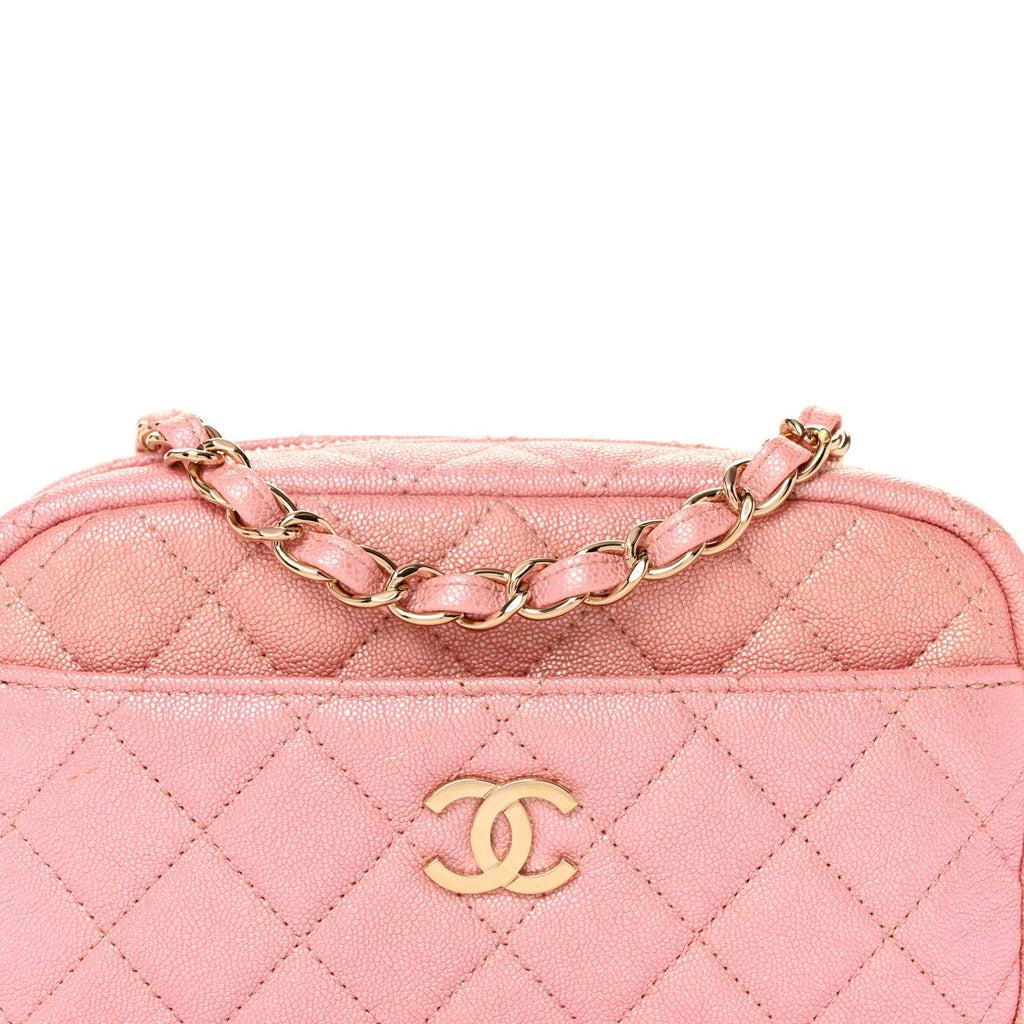 Iridescent Caviar Quilted Small Timeless Camera Case Pink