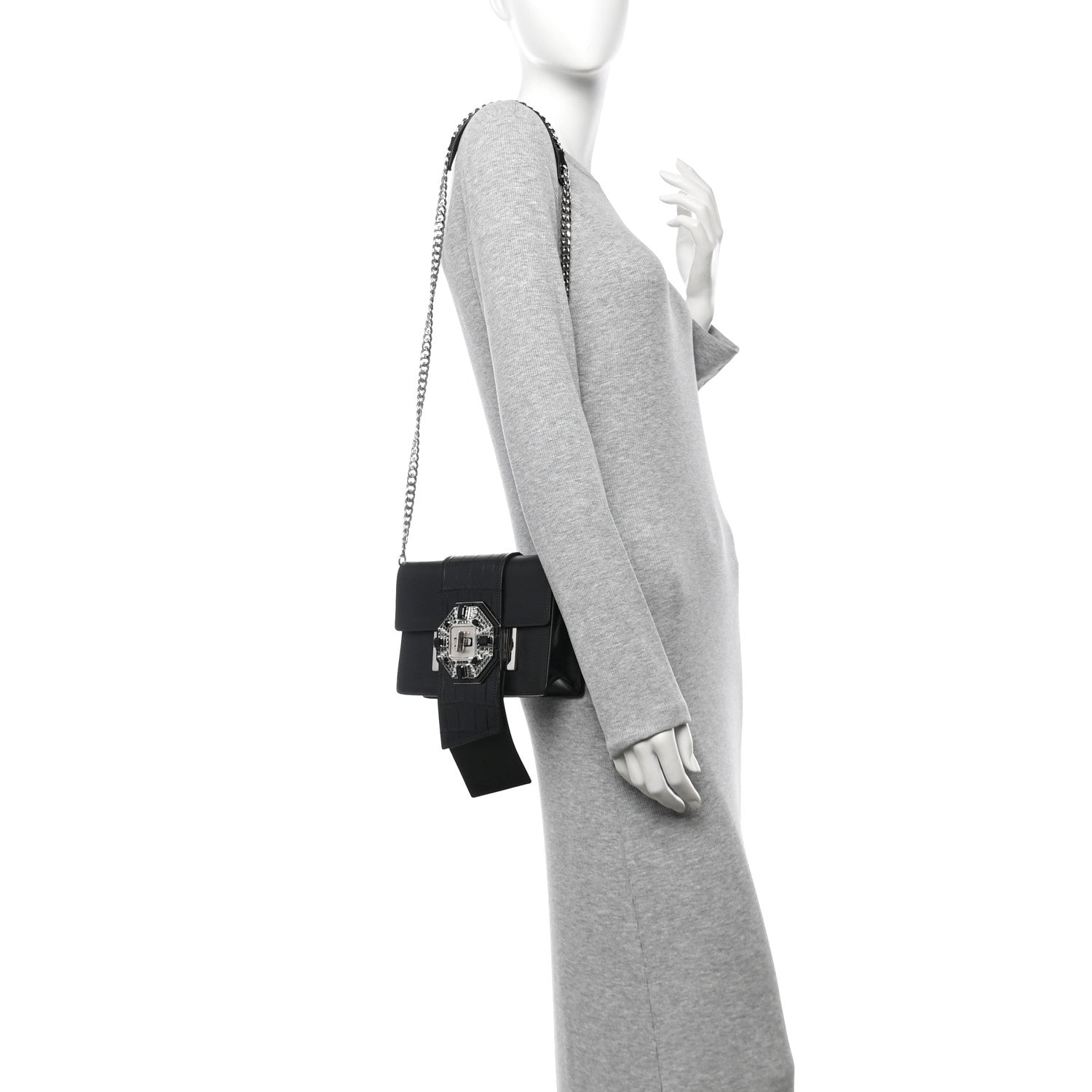City Calf Cocco Crystal Embellished Ribbon Bag Black