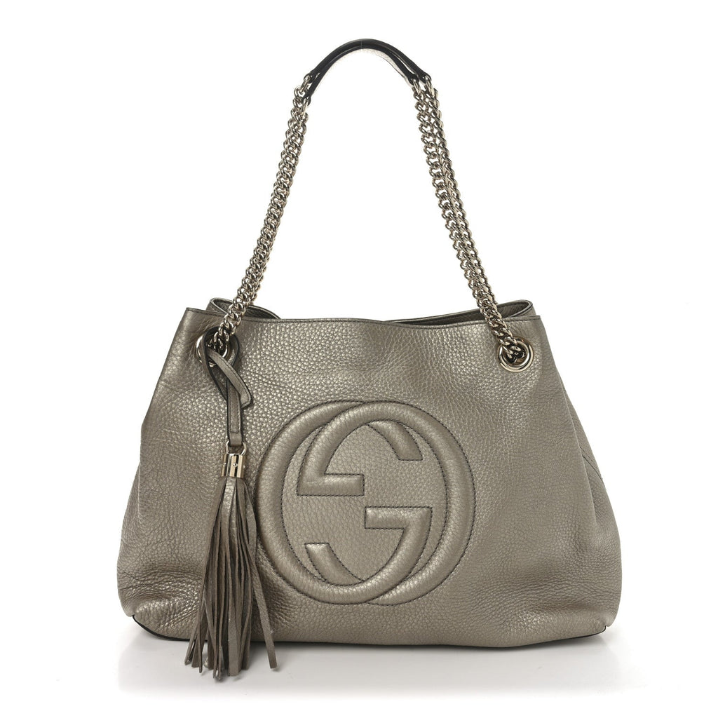 Metallic Pebbled Calfskin Medium Soho Chain Shoulder Bag Golden Beige