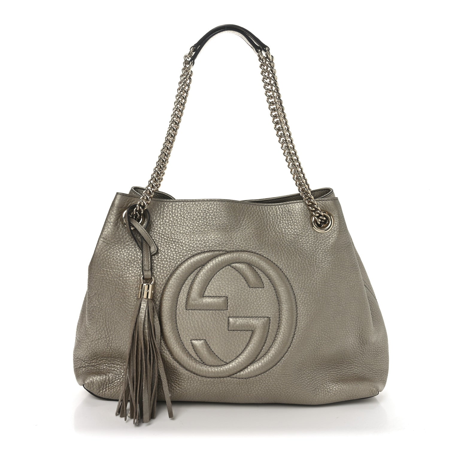 Metallic Pebbled Calfskin Medium Soho Chain Shoulder Bag Golden Beige