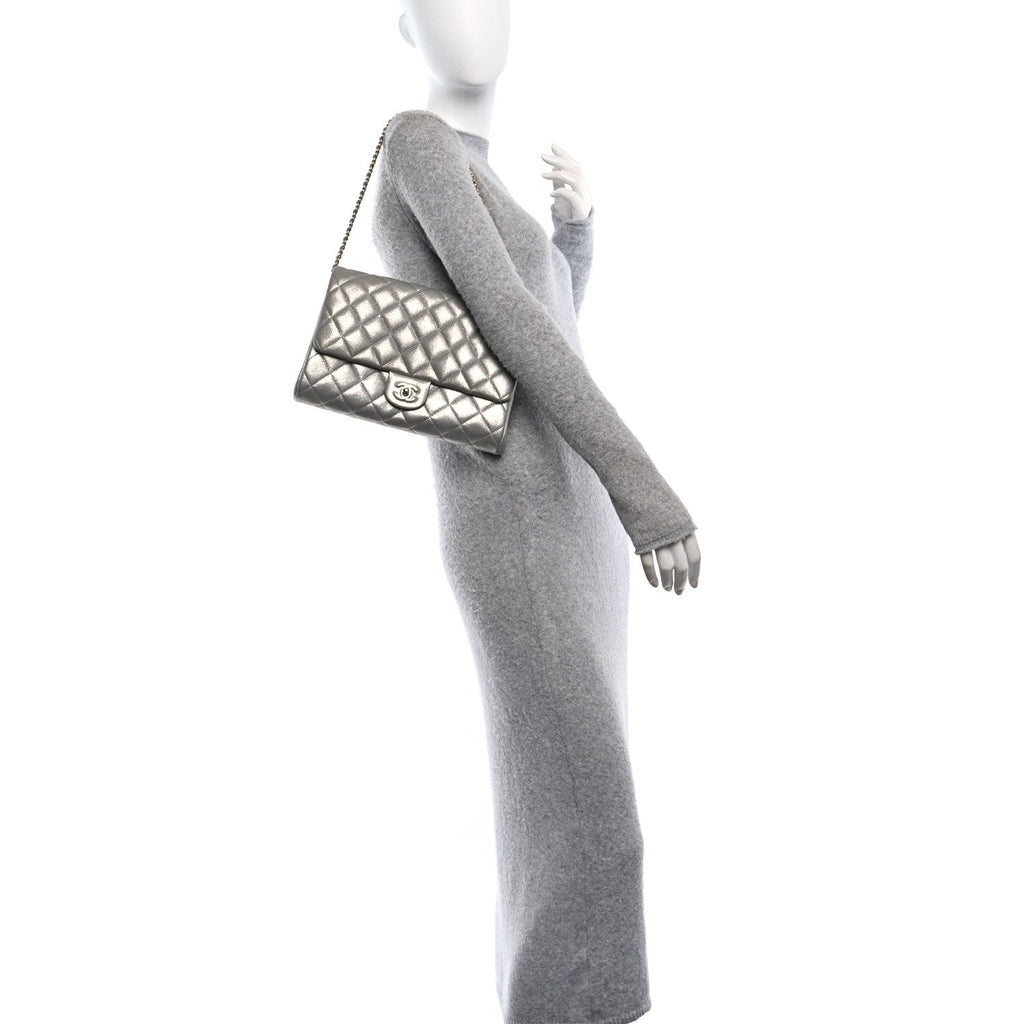 Iridescent Calfskin Quilted Clutch With Chain Flap Silver
