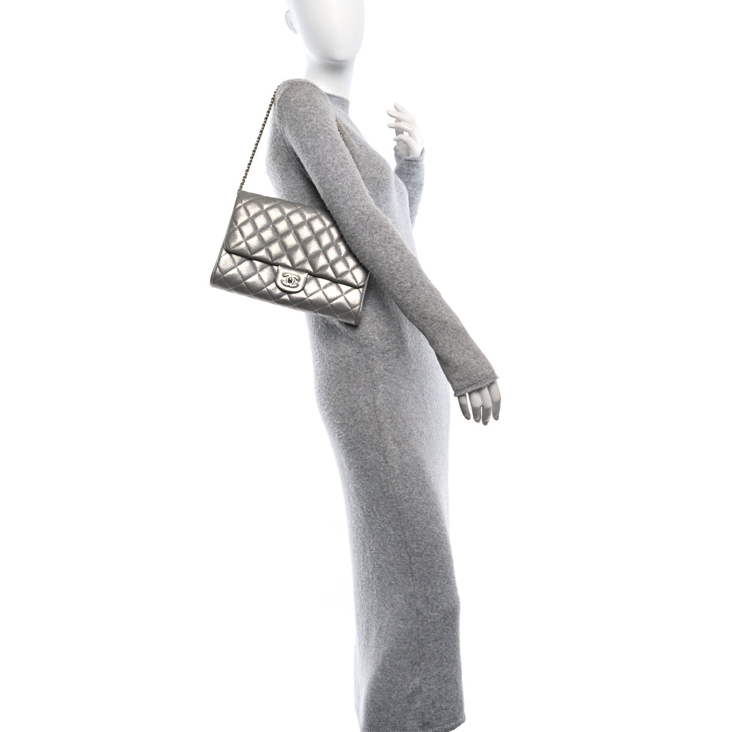 Iridescent Calfskin Quilted Clutch With Chain Flap Silver