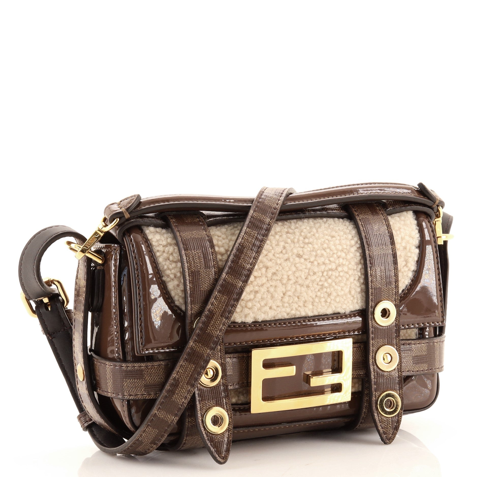 Baguette Cage Bag Shearling with Patent and Zucca Coated Canvas Mini