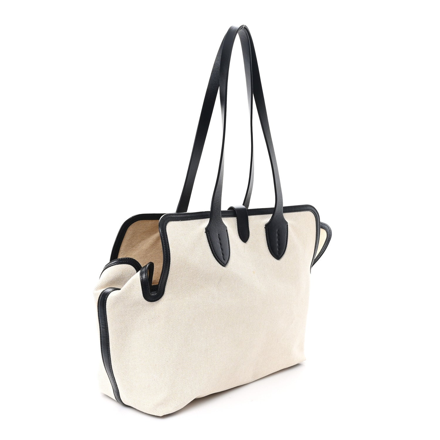 Cotton Soft Canvas Calfskin Medium Belt Tote Natural Black