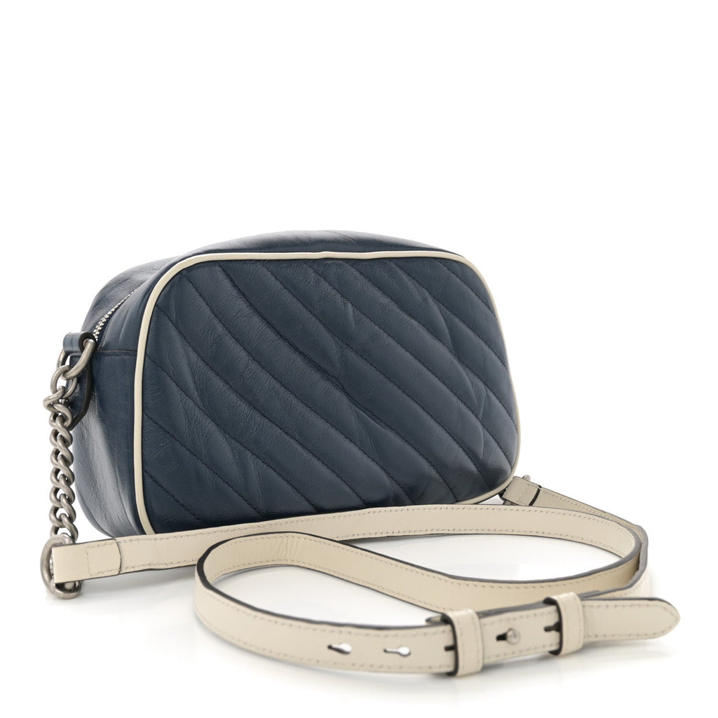 Vintage Effect Calfskin Matelasse Diagonal Small Torchon GG Marmont Chain Shoulder Bag Blue Agata Mystic White