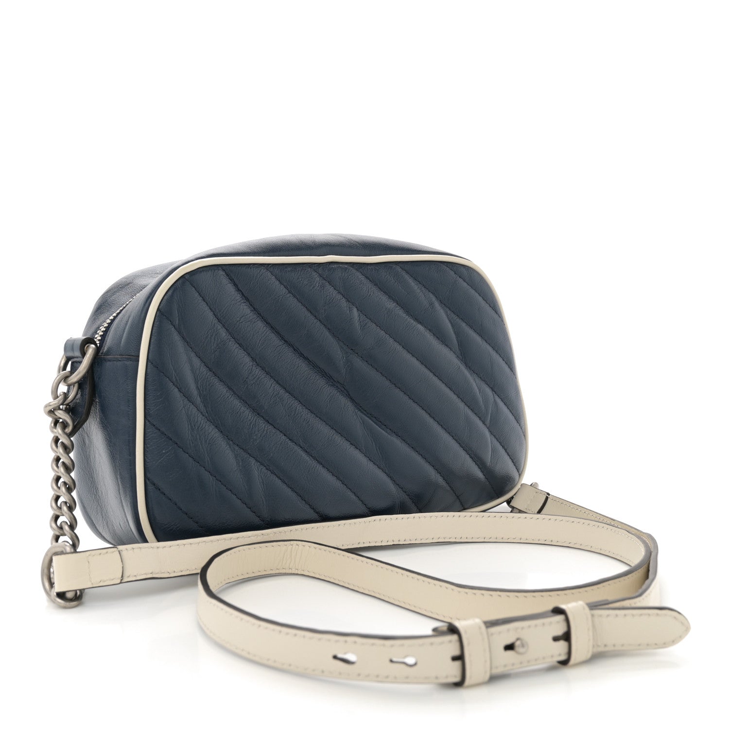 Vintage Effect Calfskin Matelasse Diagonal Small Torchon GG Marmont Chain Shoulder Bag Blue Agata Mystic White