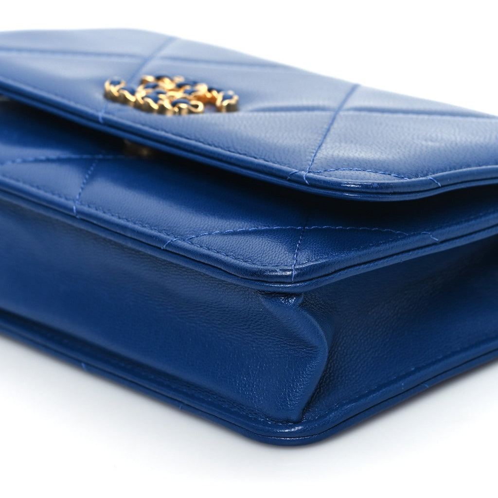 Shiny Goatskin Quilted Chanel 19 Wallet On Chain WOC  Blue
