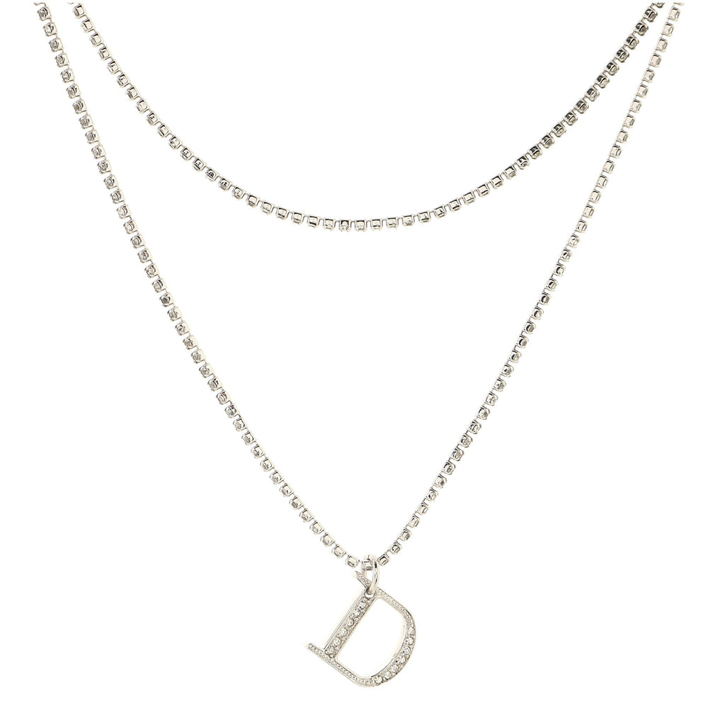 D Logo Double Chain Pendant Necklace Metal with Crystal