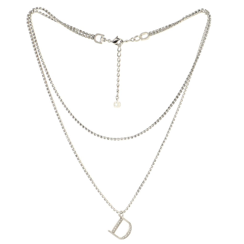 D Logo Double Chain Pendant Necklace Metal with Crystal