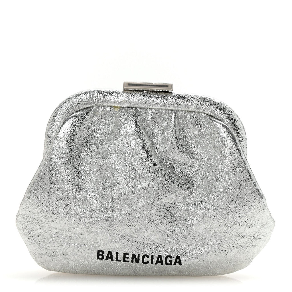 Metallic Textured Calfskin Logo Cloud Coin Purse With Strap Silver