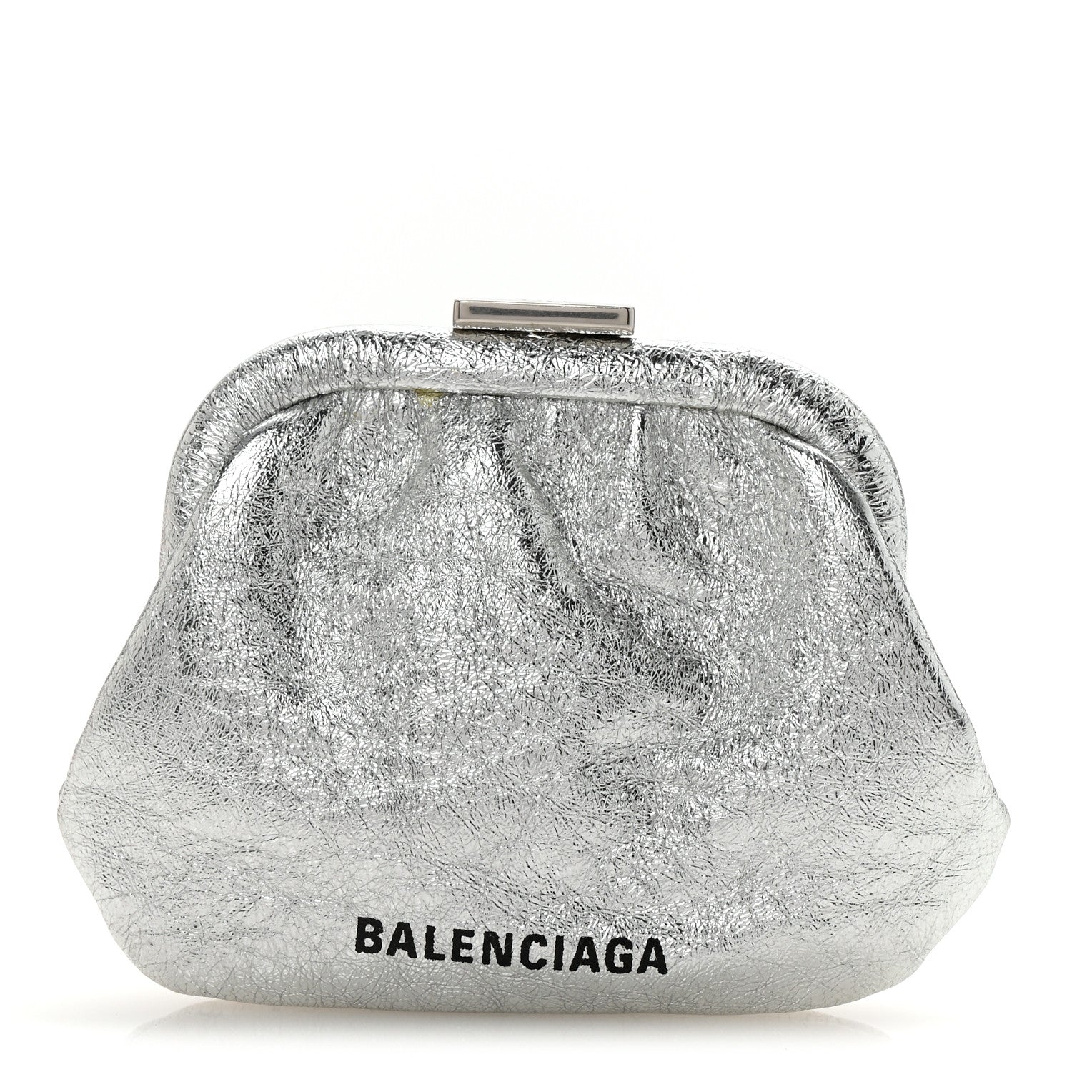 Metallic Textured Calfskin Logo Cloud Coin Purse With Strap Silver